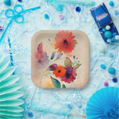 フローラ水彩オレンジラベンダーピンクの花 ペーパープレート (パーティー)