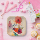 フローラ水彩オレンジラベンダーピンクの花 ペーパープレート (パーティー)