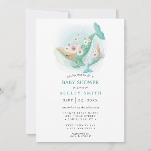 フローラ水彩クジラティール(緑がかった色)ベビーシャワー 招待状 (正面)
