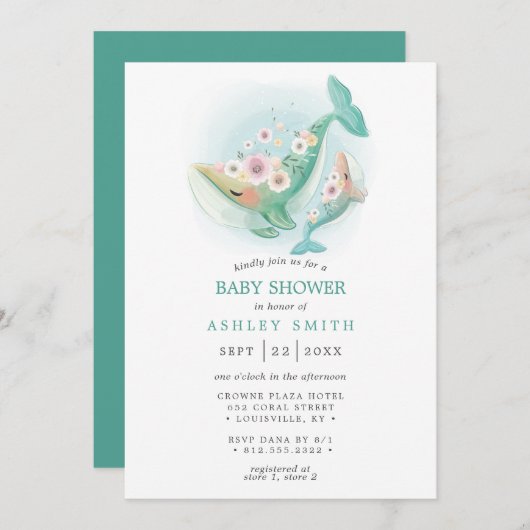 フローラ水彩クジラティール（緑がかった色）ベビーシャワー 招待状 (正面/裏面)