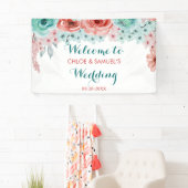 フローラ水彩コーラルピンクアクア結婚の背景 横断幕 (インサイチュ)