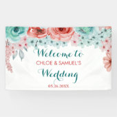 フローラ水彩コーラルピンクアクア結婚の背景 横断幕 (横)