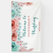 フローラ水彩コーラルピンクアクア結婚の背景 横断幕 (縦)