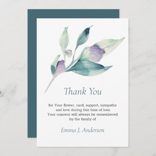 フローラ水彩シーグリーン葬儀悔やみや弔慰 サンキューカード (正面/裏面)