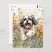 フローラ水彩シーズー(犬)津ランニングズスルー花 ポストカード (正面/裏面)