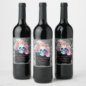 フローラ水彩スカル付ストライプき ワインラベル (ボトル)