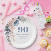 フローラ水彩ダスティブルーピンク90誕生日 ペーパープレート (パーティー)