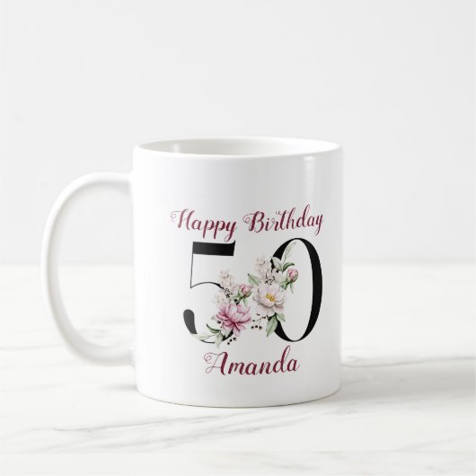 フローラ水彩ハッピー50誕生日カスタム写真 コーヒーマグカップ (左)