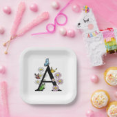 フローラ水彩バタフライモノグラム文字A ペーパープレート (パーティー)