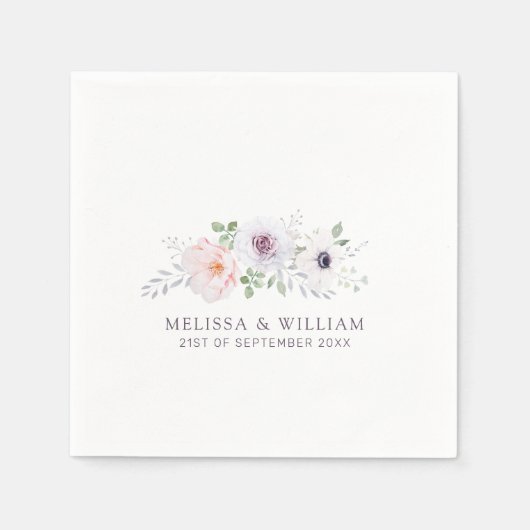 フローラ水彩バラアネモネ薄紫ホワイト結婚ズ スタンダードカクテルナプキン (正面)