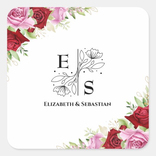 フローラ水彩バラ結婚ズ スクエアシール (正面)