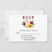 フローラ水彩バーガンディーウェディングRSVP 出欠カード (正面)