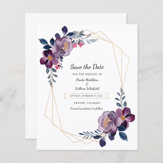 フローラ水彩パープルウェディング日付を保存 (正面/裏面)