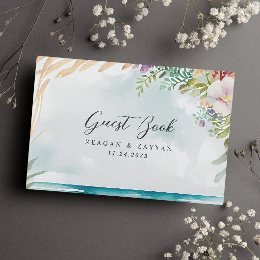 フローラ水彩ビーチシーンサマー結婚ズ ゲストブック