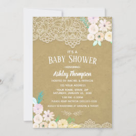 フローラ水彩ピンクとレース赤ちゃんシャワー 招待状