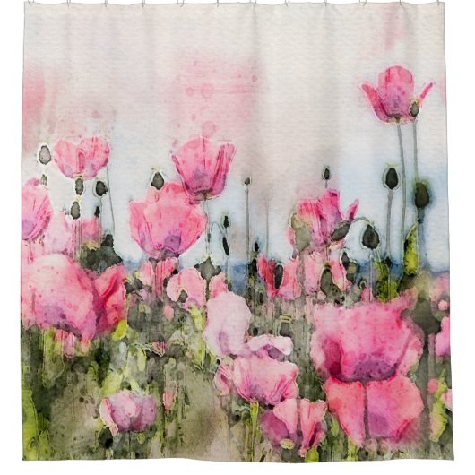 フローラ水彩ピンクのポピーの花 シャワーカーテン (正面)
