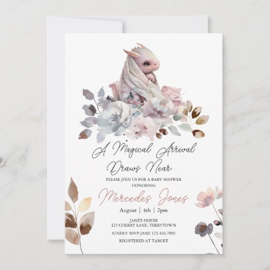 フローラ水彩ピンクガールドラゴンベビーシャワー 招待状 (正面)