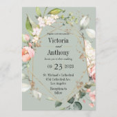 フローラ水彩ピンクグリーンモダン金ゴールド結婚ズ 招待状 (正面)