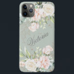 フローラ水彩ピンクグリーン金ゴールドのパーソナライズ iPhone 11 PRO MAXケース<br><div class="desc">エレガント金ゴールド葉は、赤面の水色の花がセージの緑の背景にピンクの。この電話ケースを美しくするために名前を追加する。この電話のケースはあなたにぴったりだ。シックで洗練された。Zazzleは顧客サービスと満足度を100%保証する。</div>