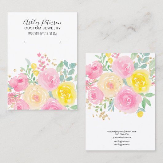 フローラ水彩ピンクジュエリーイヤリング 名刺 (正面/裏面)