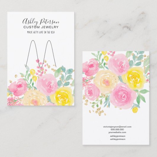フローラ水彩ピンクジュエリーリング表示 名刺 (正面/裏面)