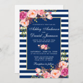 フローラ水彩ピンクストライプブ結婚ルーW 招待状 (正面/裏面)