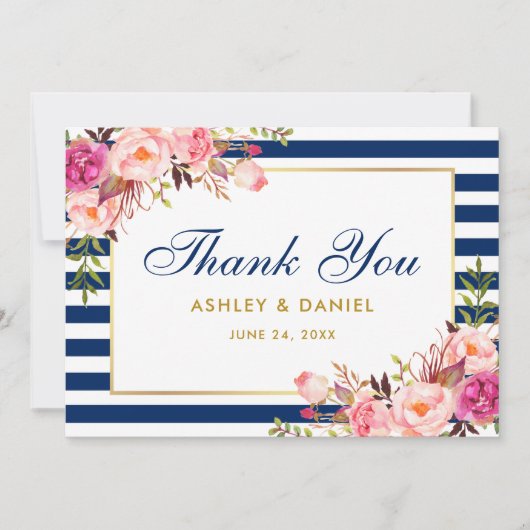 フローラ水彩ピンクブルーストライプ結婚ズ サンキューカード (正面)