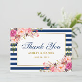 フローラ水彩ピンクブルーストライプ結婚ズ サンキューカード (スタンド正面)