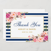 フローラ水彩ピンクブルーストライプ結婚ズ サンキューカード (正面/裏面)