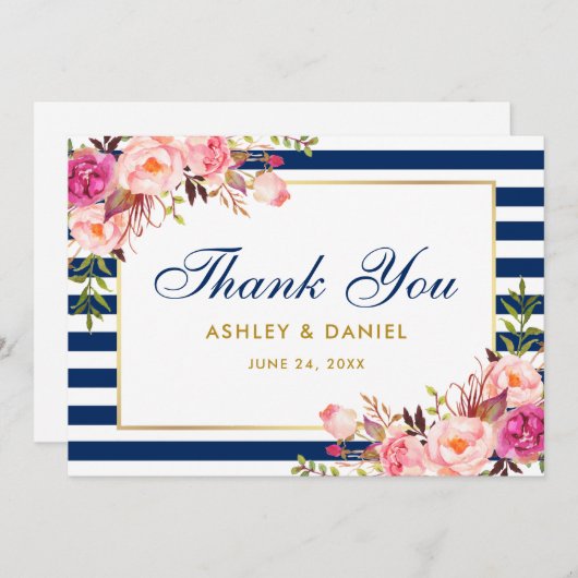 フローラ水彩ピンクブルーストライプ結婚ズ サンキューカード (正面/裏面)