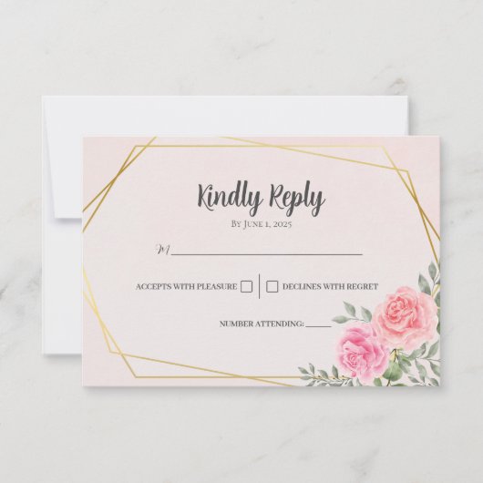 フローラ水彩ピンクローズ幾何学金ゴールド 出欠カード (正面)