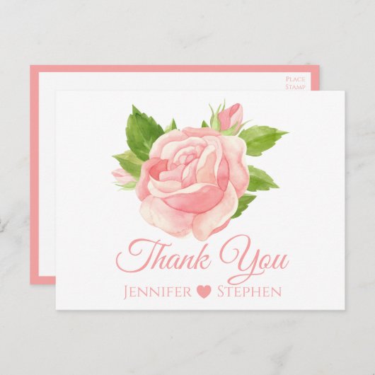 フローラ水彩ピンク結婚ローズ ポストカード (正面/裏面)