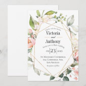 フローラ水彩ピンク金ゴールドモダン結婚ズ 招待状 (正面/裏面)