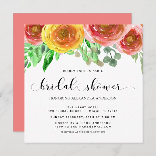 フローラ水彩フラワーグリーンブライダルシャワー 招待状 (正面/裏面)