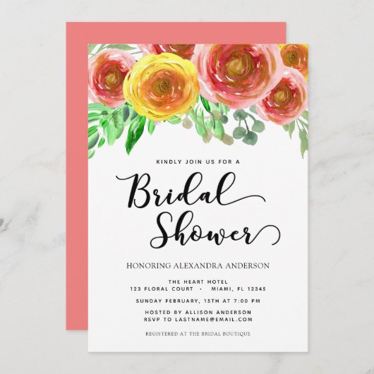 フローラ水彩フラワーピンクブライダルシャワー 招待状 (正面/裏面)