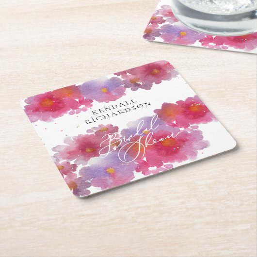 フローラ水彩ブライダルシャワー紙プレート スクエアペーパーコースター (アングル)