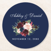 フローラ水彩ブルガンディーブルー結婚ズ ラウンドペーパーコースター (正面)