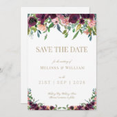 フローラ水彩ブルゴーニュ金ゴールドフローラ結婚ズ セーブザデート (正面/裏面)