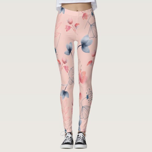 フローラ水彩プリント – ピンク背景 レギンス (正面)