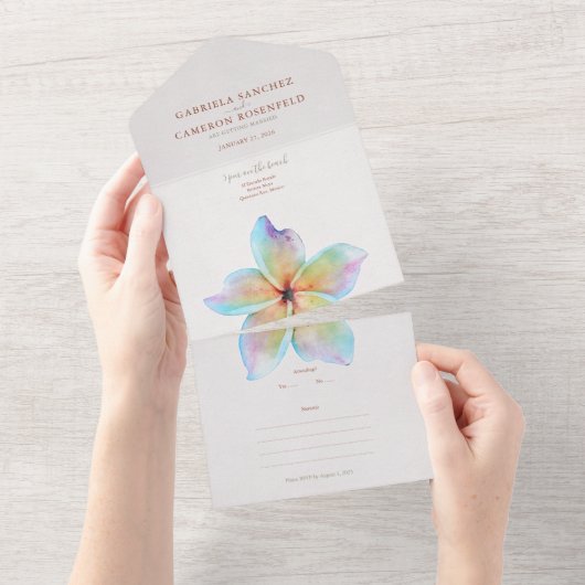 フローラ水彩プルメリアテラコッタ結婚ズ オールインワン招待状 (貼ってはがせる)
