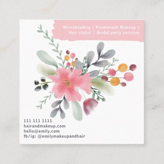 フローラ水彩メイクヘアースクリプトピンクの正方形 スクエア名刺 (裏面)