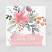 フローラ水彩メイクヘアースクリプトピンクの正方形 スクエア名刺 (正面)