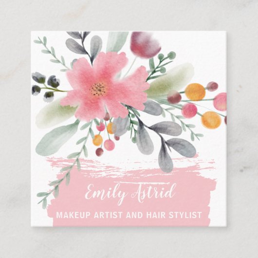 フローラ水彩メイクヘアースクリプトピンクの正方形 スクエア名刺 (正面)