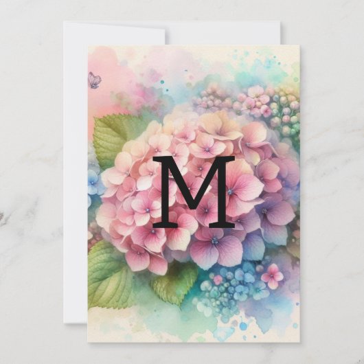 フローラ水彩モノグラムピンクアジサイ 招待状 (正面)