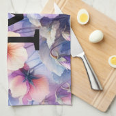 フローラ水彩モノグラムピンクパープルパンジー キッチンタオル (四つ折り)