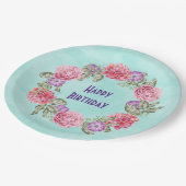 フローラ水彩リースかわいらしハッピーバースデー ペーパープレート (アングル)
