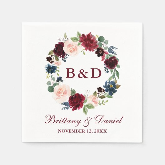 フローラ水彩リースブルガンディーブルー結婚ズ スタンダードカクテルナプキン (正面)