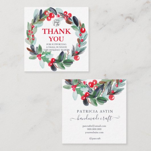 フローラ水彩リースホリーレッドブルーユー スクエア名刺 (正面/裏面)
