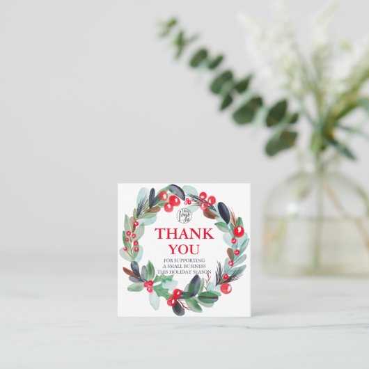 フローラ水彩リースホリーレッドブルーユー スクエア名刺 (スタンド正面)