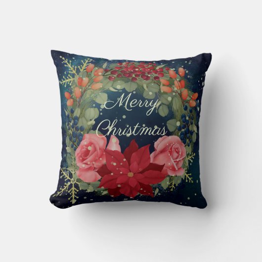 フローラ水彩リースポインセチアとバラ クッション (正面)